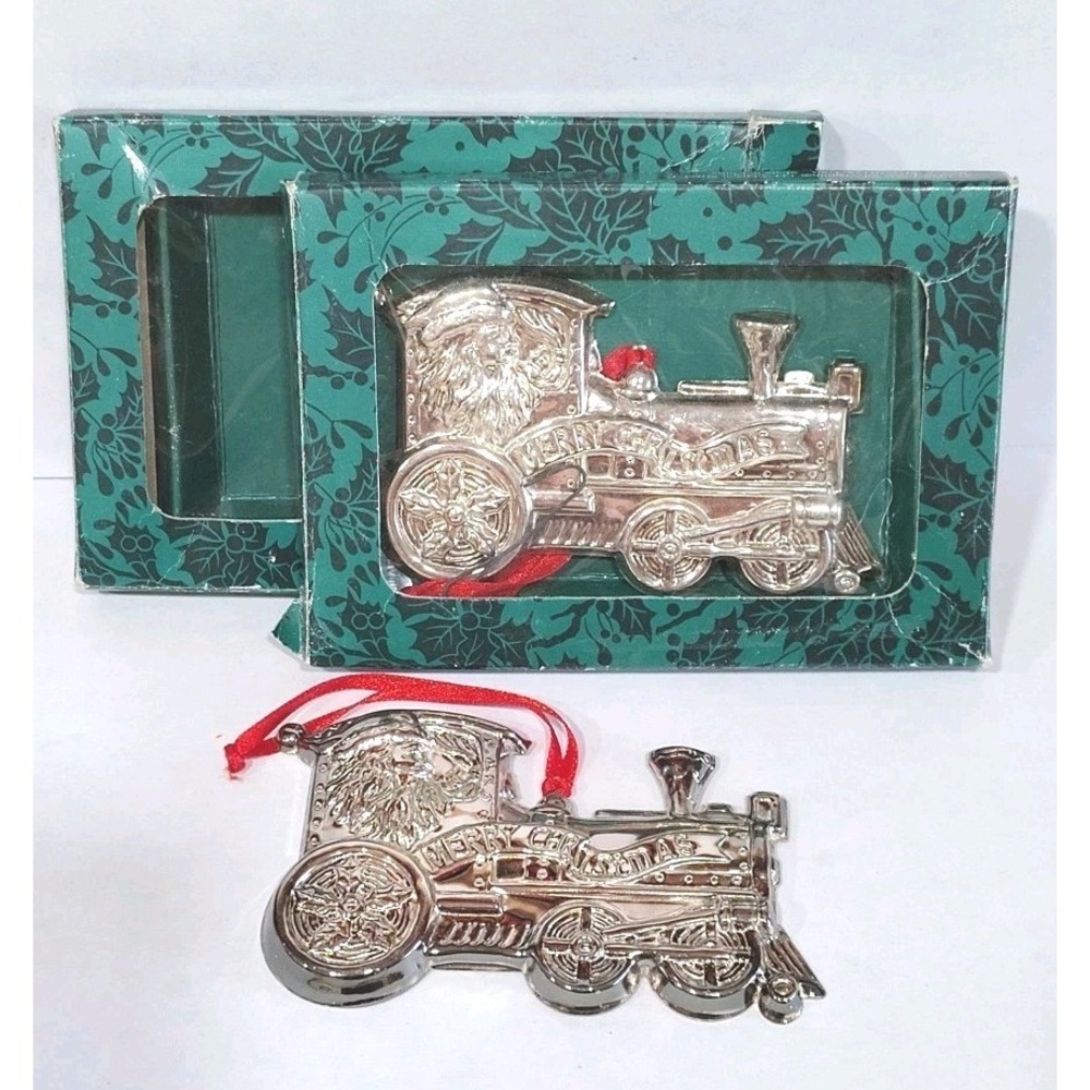 Two Towle Silversmiths Silverplated Santa Claus Train Christmas Ornament 3.5"